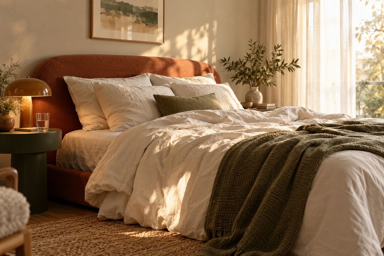 Warm morning light falling across a softly rumpled bed with ivory linen and an olive blanket